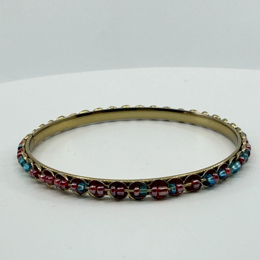 Gold Tone Bangle Bracelet Red Blue Bead Accent Stacking Boho Festival Chic Gift